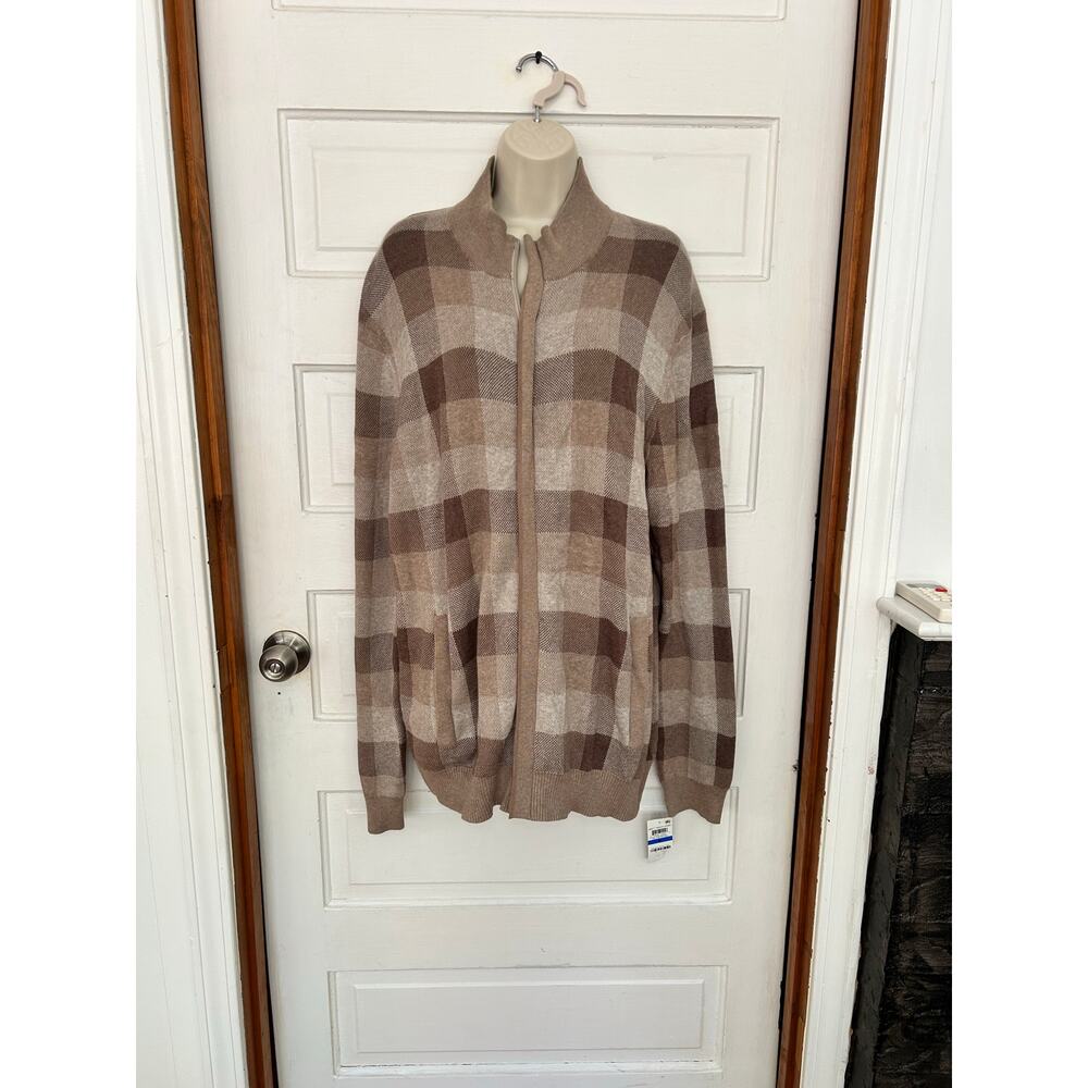 Tasso Elba Women's Full Zip Sweater Brown Gingham Cozy Preppy NWT US Size XL